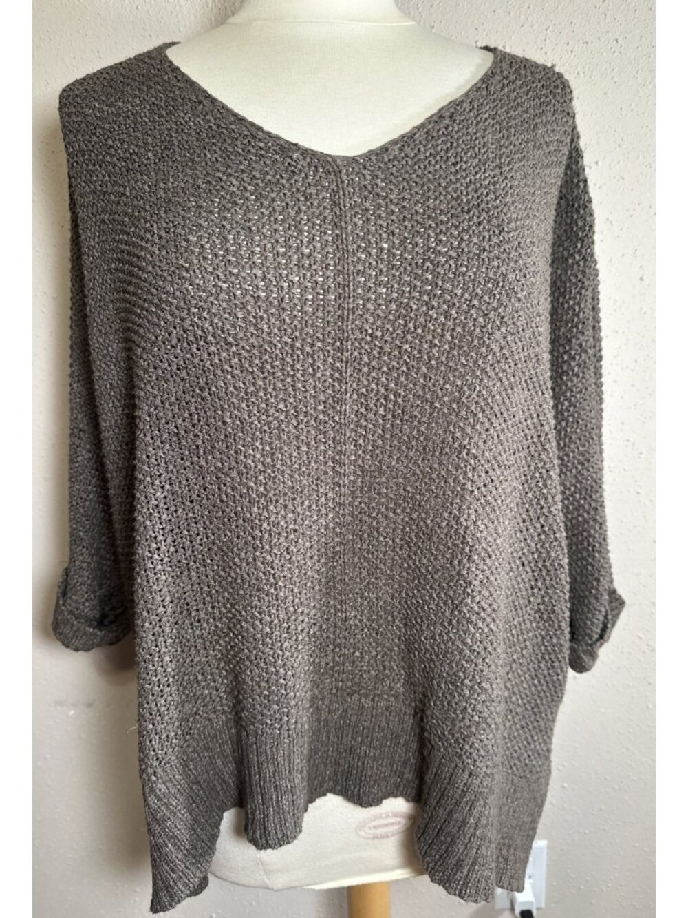 She+Sky Womens Open Crochet Sweater Boxy 3/4 Sleeve Brown One Size Fits All